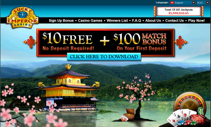 $10 Free No Deposit Bonus + 100% Match Up Bonus at Lucky Emperor Casino