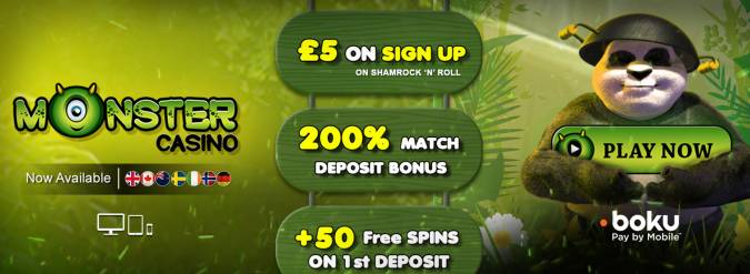 Monster Casino - Exclusive £€5 Free Chip on Shamrock N Roll + £€500 Welcome Bonus + 50 FS on Starburst