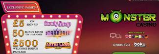 Monster Casino - Exclusive £€5 Free Chip on Candy Swap + £€500 Welcome Bonus + 50 FS on Starburst