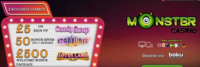 Monster Casino - Exclusive £€5 Free Chip on Candy Swap + £€500 Welcome Bonus + 50 FS on Starburst