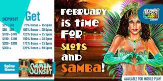 Sloto Cash Casino - Daily 225% Bonus Code + 50 FS on the Samba Sunset February 2018