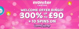 Monster Casino - Exclusive 300% Welcome Bonus up to £€90 + 10 FS on Candy Swap