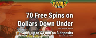 Jumba Bet Casino - Exclusive 70 No Deposit FS Bonus Code on Dollars Down Under + 300% Welcome Bonus