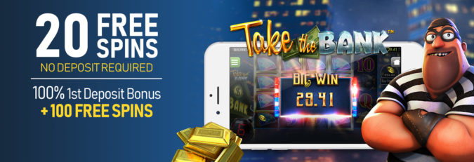 CyberSpins Casino - Exclusive 20 No Deposit FS on Take the Bank + 100% Bonus + 100 Free spins