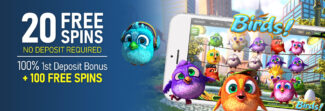 CyberSpins Casino - Exclusive 20 No Deposit FS on Birds + 100% Bonus + 100 Free spins