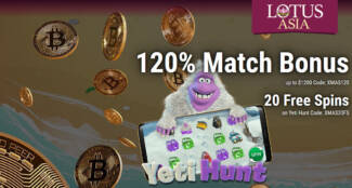 Lotus Asia Casino - Exclusive 20 No Deposit FS Bonus Code on Yeti Hunt + 120% Bonus