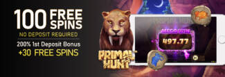 Vegas Crest Casino - Exclusive 100 No Deposit FS on Primal Hunt + 200% Bonus + 30 Free spins