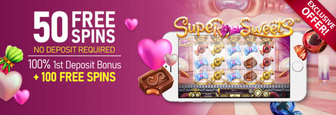 CyberSpins Casino - Exclusive 50 No Deposit FS on Super Sweets + 100% Bonus + 100 Free spins