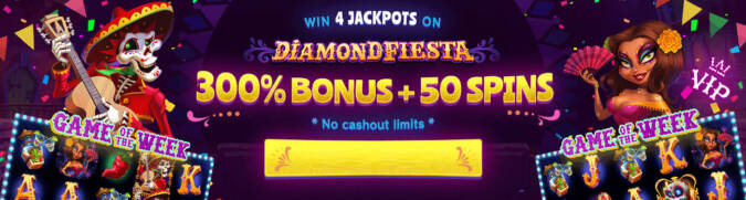 300% Deposit Bonus Code + 50 Free Spins on Diamond Fiesta @ 4 SpinLogic Gaming Casinos