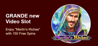 Grande Vegas Casino - 150% Deposit Bonus + 50 FS on Merlins Riches