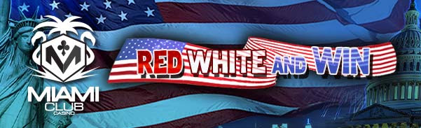 Miami Club Casino - 25 No Deposit FS on Red White and Win + 100% Bonus + 100 FS